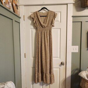 Beige Printed Smocked Maxi Dress with Ruffle Hem Medium